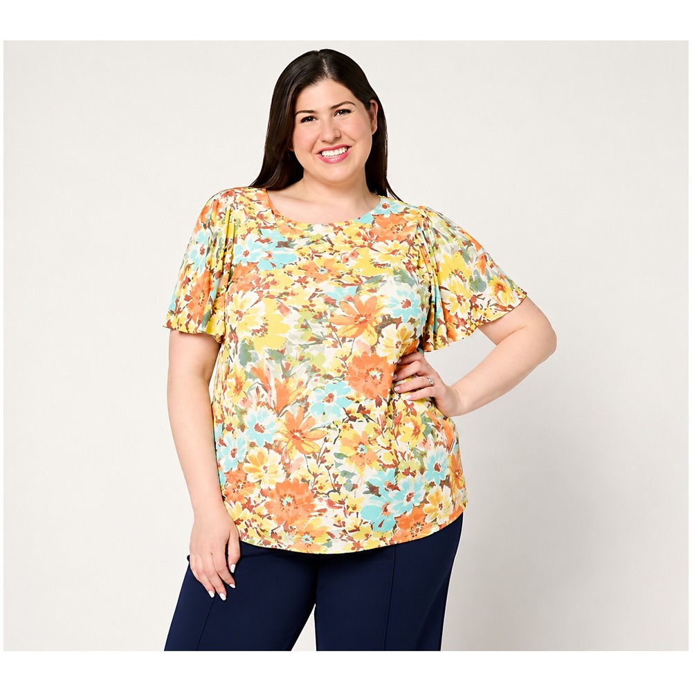 Susan Graver Printed Textured Knit Flutter Sleeve Top Lemon/Ivory, Size 3X